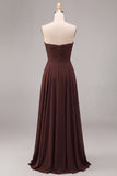 Strapless A Line Dark Coffee Chiffon Maxi Formal Dress