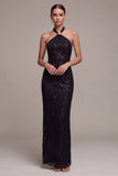 Halter Sequins Sheath Black Maxi Formal Dress