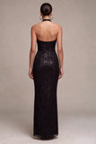 Halter Sequins Sheath Black Maxi Formal Dress
