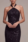 Halter Sequins Sheath Black Maxi Formal Dress