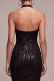 Halter Sequins Sheath Black Maxi Formal Dress