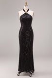 Halter Sequins Sheath Black Maxi Formal Dress