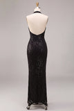 Halter Sequins Sheath Black Maxi Formal Dress