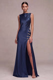 Satin A Line Straight Neck Olive Maxi Formal Dress