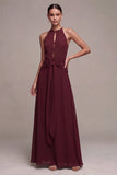 Halter Chiffon Burgundy A Line Maxi Formal Dress