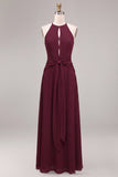 Halter Chiffon Burgundy A Line Maxi Formal Dress