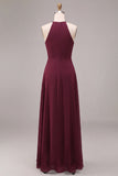 Halter Chiffon Burgundy A Line Maxi Formal Dress