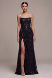 Sequins Strapless Lace A Line Black Maxi Formal Dress