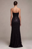 Sequins Strapless Lace A Line Black Maxi Formal Dress