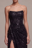 Sequins Strapless Lace A Line Black Maxi Formal Dress