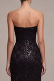 Sequins Strapless Lace A Line Black Maxi Formal Dress