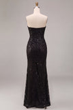 Sequins Strapless Lace A Line Black Maxi Formal Dress