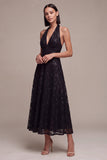Halter Sequins A Line Black Lace Midi Formal Dress
