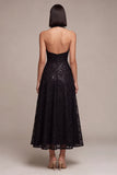 Halter Sequins A Line Black Lace Midi Formal Dress