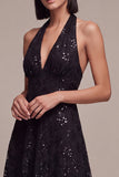 Halter Sequins A Line Black Lace Midi Formal Dress