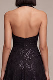 Halter Sequins A Line Black Lace Midi Formal Dress
