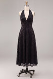 Halter Sequins A Line Black Lace Midi Formal Dress