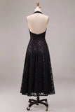 Halter Sequins A Line Black Lace Midi Formal Dress