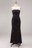 Strapless Mermaid Sequins Black Lace Maxi Formal Dress