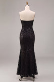 Strapless Mermaid Sequins Black Lace Maxi Formal Dress
