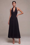 Halter A Line Black Chiffon Pleated Midi Formal Dress