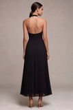 Halter A Line Black Chiffon Pleated Midi Formal Dress