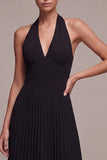 Halter A Line Black Chiffon Pleated Midi Formal Dress