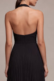 Halter A Line Black Chiffon Pleated Midi Formal Dress