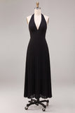 Halter A Line Black Chiffon Pleated Midi Formal Dress