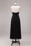 Halter A Line Black Chiffon Pleated Midi Formal Dress