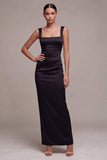 Square Neck Sheath Satin Black Maxi Formal Dress