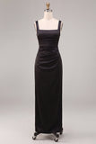 Square Neck Sheath Satin Black Maxi Formal Dress