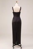 Square Neck Sheath Satin Black Maxi Formal Dress