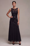 Sequins Black Chiffon A line Illusion Neck Maxi Formal Dress