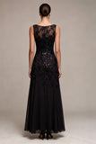 Sequins Black Chiffon A line Illusion Neck Maxi Formal Dress