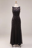 Sequins Black Chiffon A line Illusion Neck Maxi Formal Dress