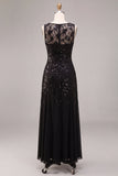 Sequins Black Chiffon A line Illusion Neck Maxi Formal Dress