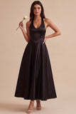 Black Halter Satin A Line Midi Formal Dress