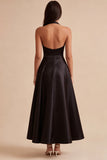 Black Halter Satin A Line Midi Formal Dress
