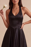Black Halter Satin A Line Midi Formal Dress