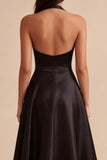 Black Halter Satin A Line Midi Formal Dress