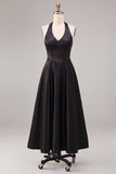 Black Halter Satin A Line Midi Formal Dress