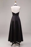 Black Halter Satin A Line Midi Formal Dress
