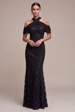 Sequins Mermaid Cold Shoulder Lace Black Maxi Formal Dress