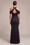 Sequins Mermaid Cold Shoulder Lace Black Maxi Formal Dress