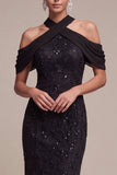 Sequins Mermaid Cold Shoulder Lace Black Maxi Formal Dress