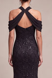 Sequins Mermaid Cold Shoulder Lace Black Maxi Formal Dress