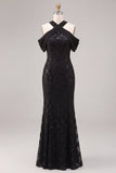Sequins Mermaid Cold Shoulder Lace Black Maxi Formal Dress