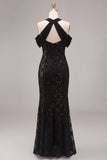 Sequins Mermaid Cold Shoulder Lace Black Maxi Formal Dress