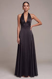 Halter A Line Satin Black Maxi Formal Dress